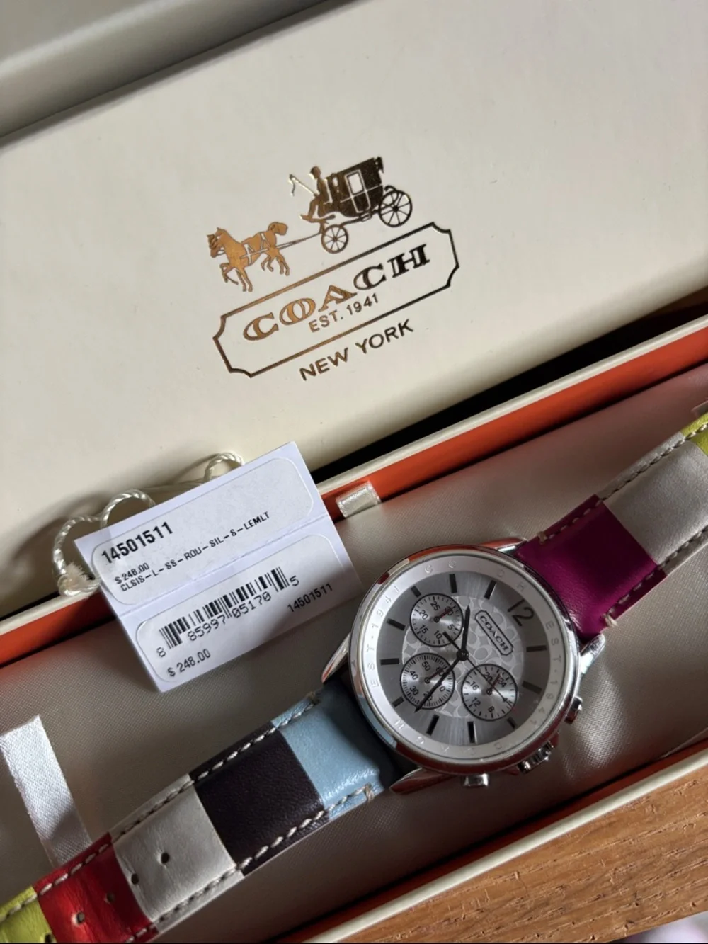 Coach Multicolor Leather Strap Chronograph Watch with Silver Dial - Picture 2 of 9